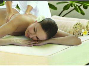 A woman laying on her stomach getting a massage.